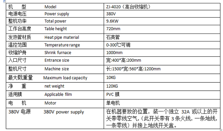 4020高臺(tái)收縮機(jī)參數(shù)